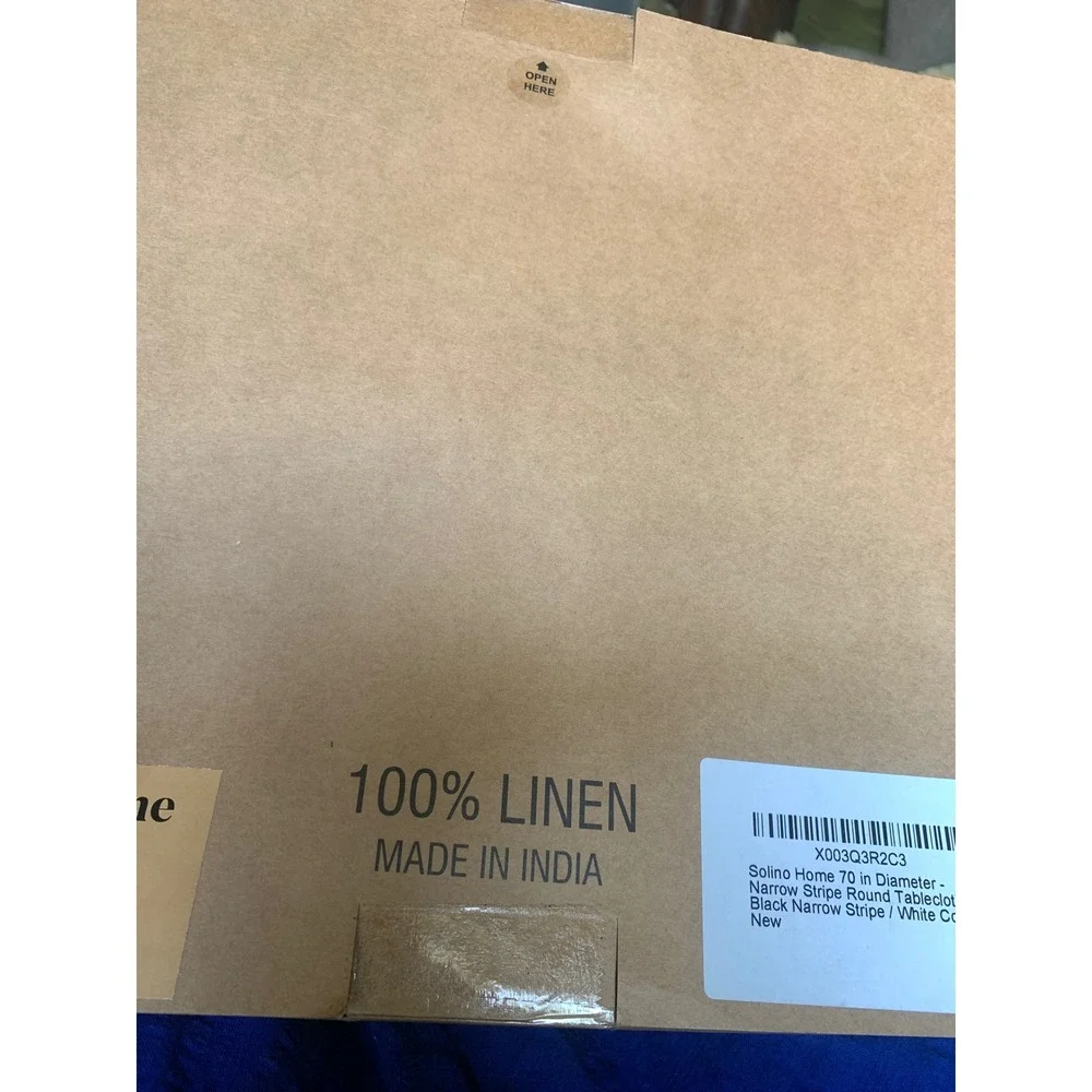Solino Home 70 Inch Round Tablecloth 100% Linen Black White Narrow Stripe New